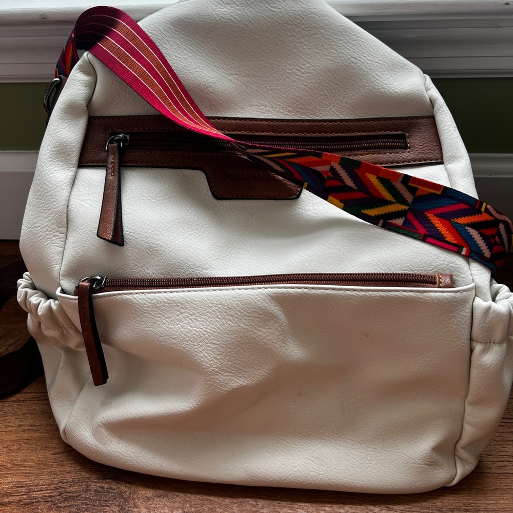 White Women’s Backpack with Multicolor Strap